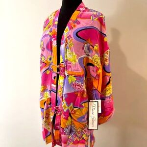 Diane Gilman Hippy Mod Floral Pink Kimono Duster Vintage 90s Size L Silk NWOT